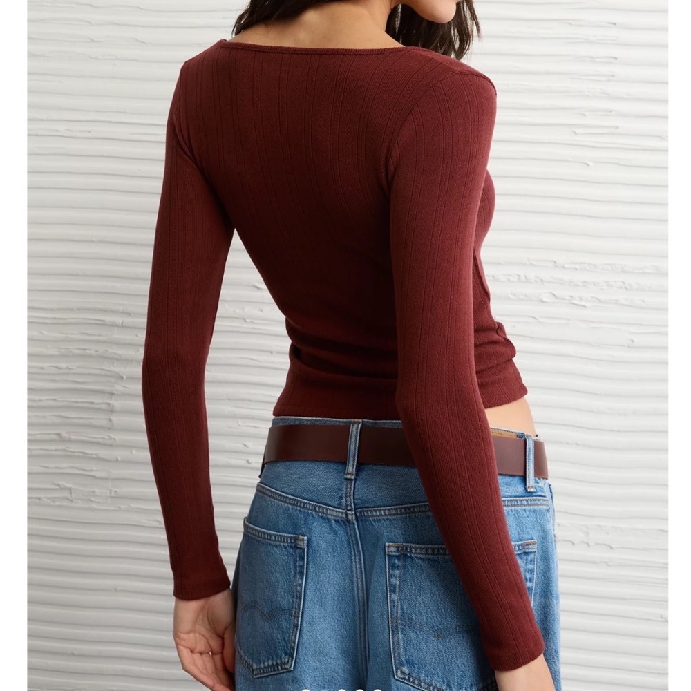 American Eagle Women Ribbed Long Sleeve Square Neck Top NWT Size L - Picture 2 of 4